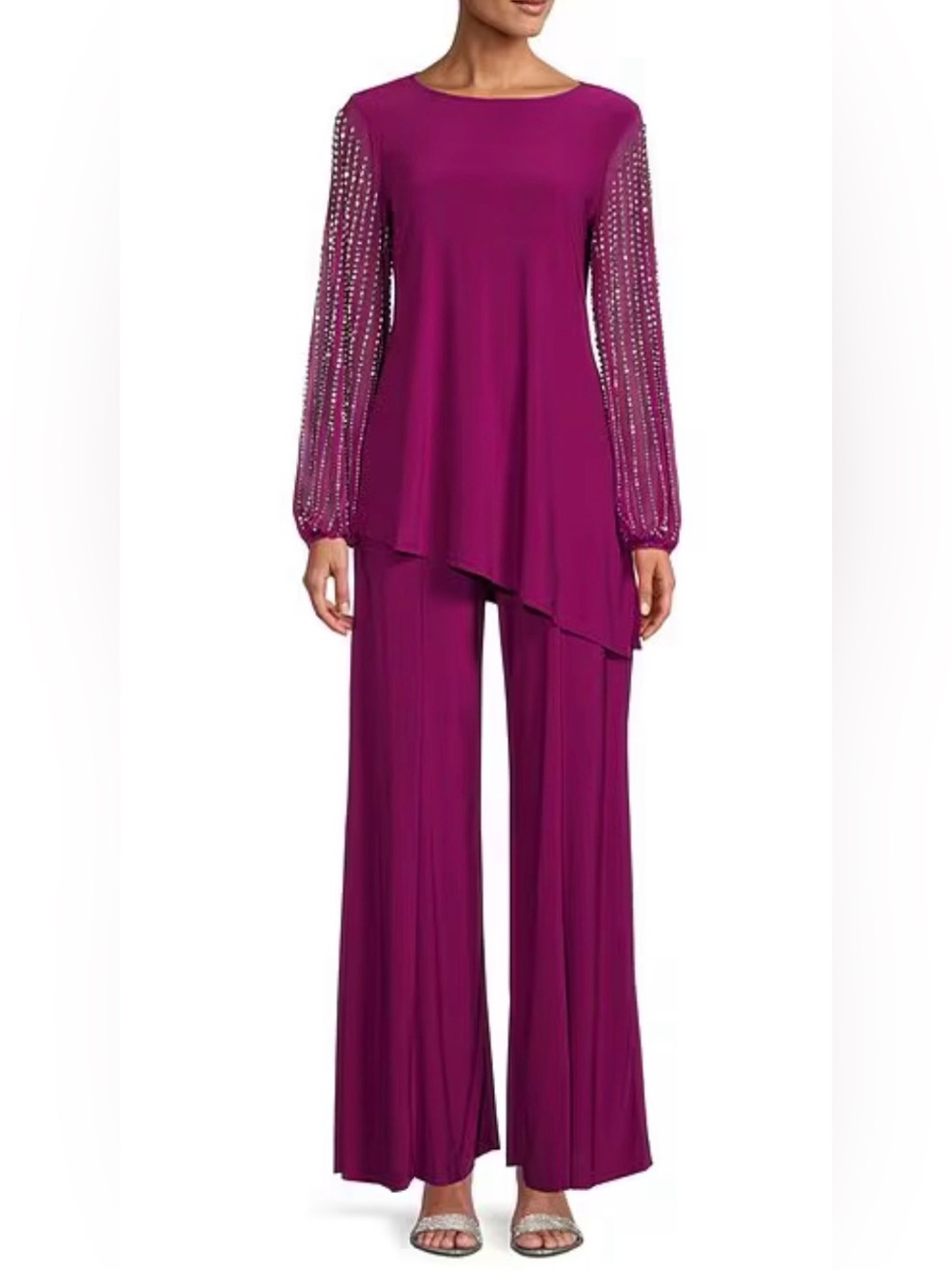 Marina Elegant Magenta Two-Piece Jumpsuit Set with Beaded Sleeves Sz 16W